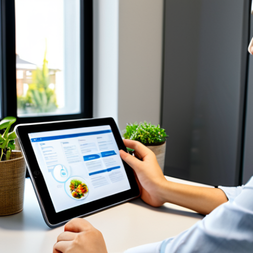 A focused professional in a modest business casual outfit, sitting comfortably at a modern desk, engaging with an online food safety course on a sleek tablet. The background is a clean, well-lit home office with subtle plants, conveying a calm and professional learning environment. The tablet screen subtly displays educational content related to food hygiene. The subject has perfect anatomy, correct proportions, well-formed hands, proper finger count, and a natural pose. This image is safe for work, appropriate content, fully clothed, and family-friendly. It embodies professional photography and high-quality rendering.