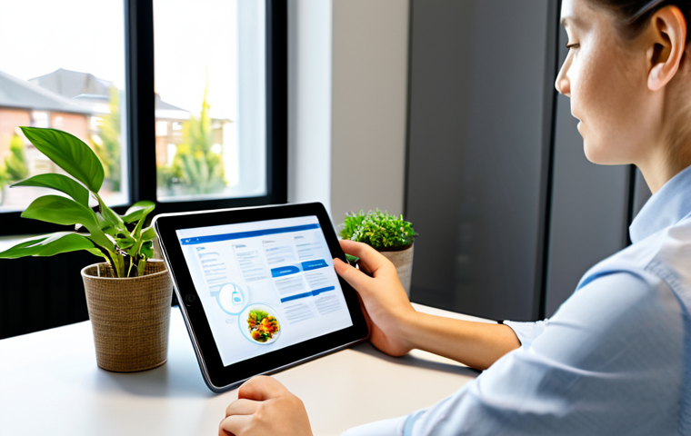 A focused professional in a modest business casual outfit, sitting comfortably at a modern desk, engaging with an online food safety course on a sleek tablet. The background is a clean, well-lit home office with subtle plants, conveying a calm and professional learning environment. The tablet screen subtly displays educational content related to food hygiene. The subject has perfect anatomy, correct proportions, well-formed hands, proper finger count, and a natural pose. This image is safe for work, appropriate content, fully clothed, and family-friendly. It embodies professional photography and high-quality rendering.
