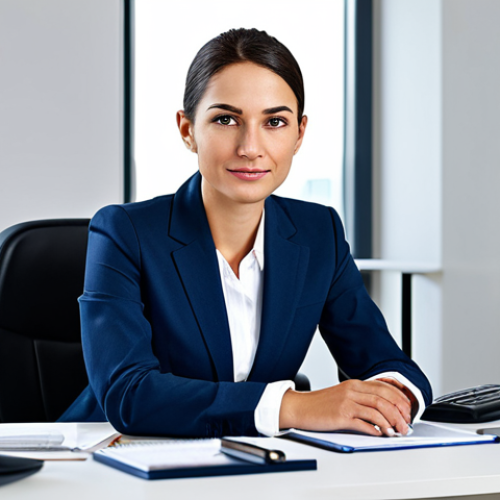 Businesswoman in Office**

"A professional businesswoman in a modest business suit, sitting at a desk in a modern office, fully clothed, appropriate attire, safe for work, perfect anatomy, natural proportions, professional photography, high quality."

**